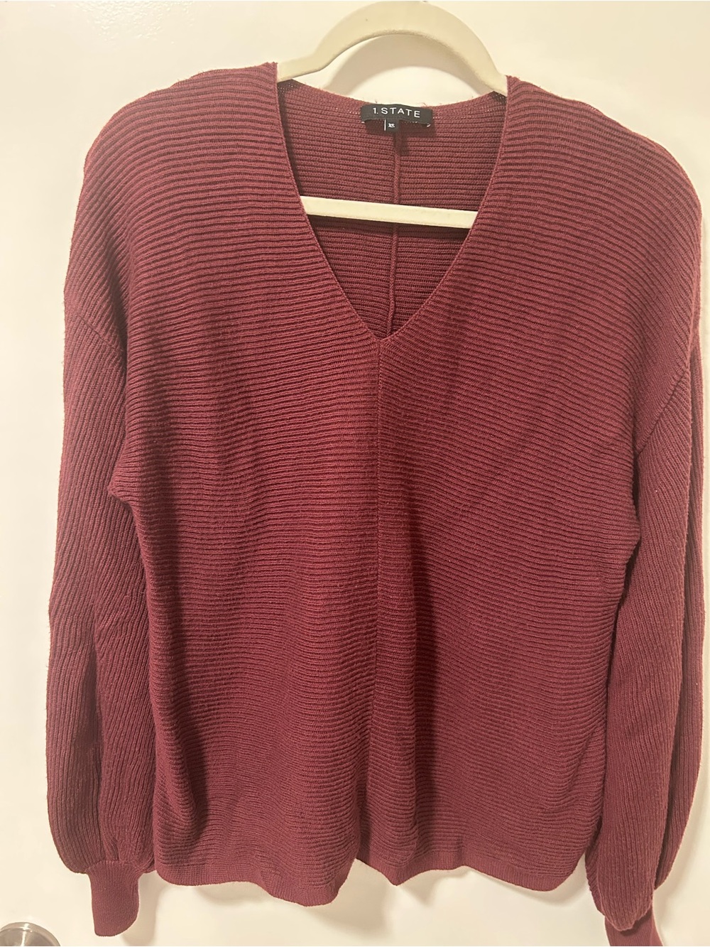 1. State Women's Wine Ribbed V-Neck Sweater